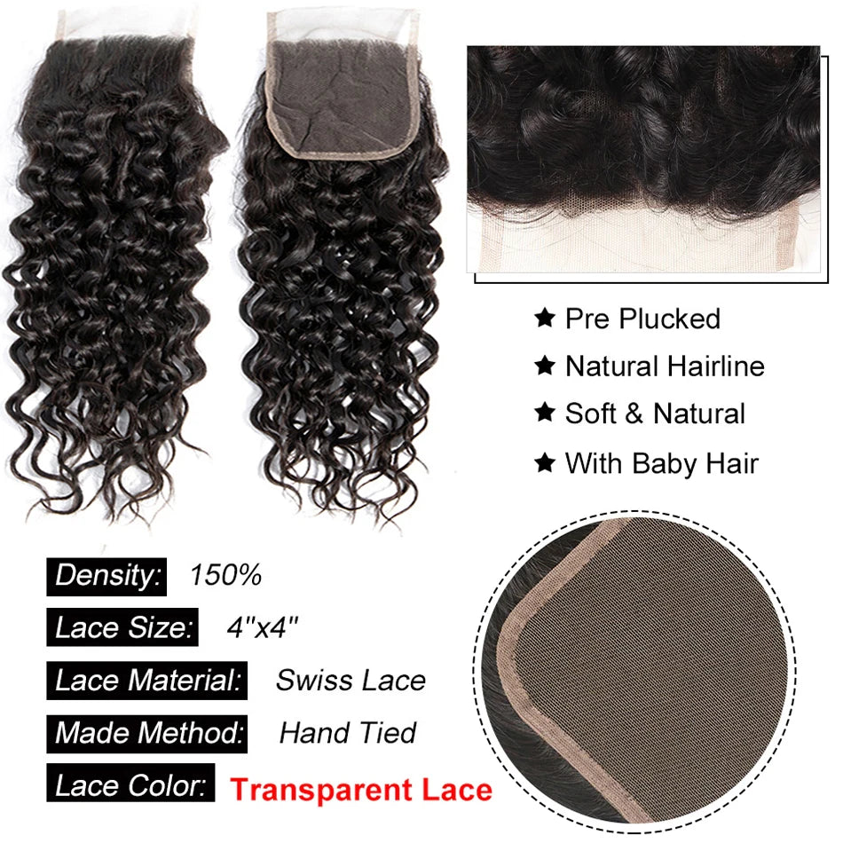 Malaysian Water Wave Bundles With Closure Wet and Wavy Curly Human Hair Bundles With Frontal Closure Remy Hair Weave Extensions