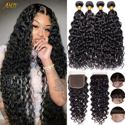 Malaysian Water Wave Bundles With Closure Wet and Wavy Curly Human Hair Bundles With Frontal Closure Remy Hair Weave Extensions