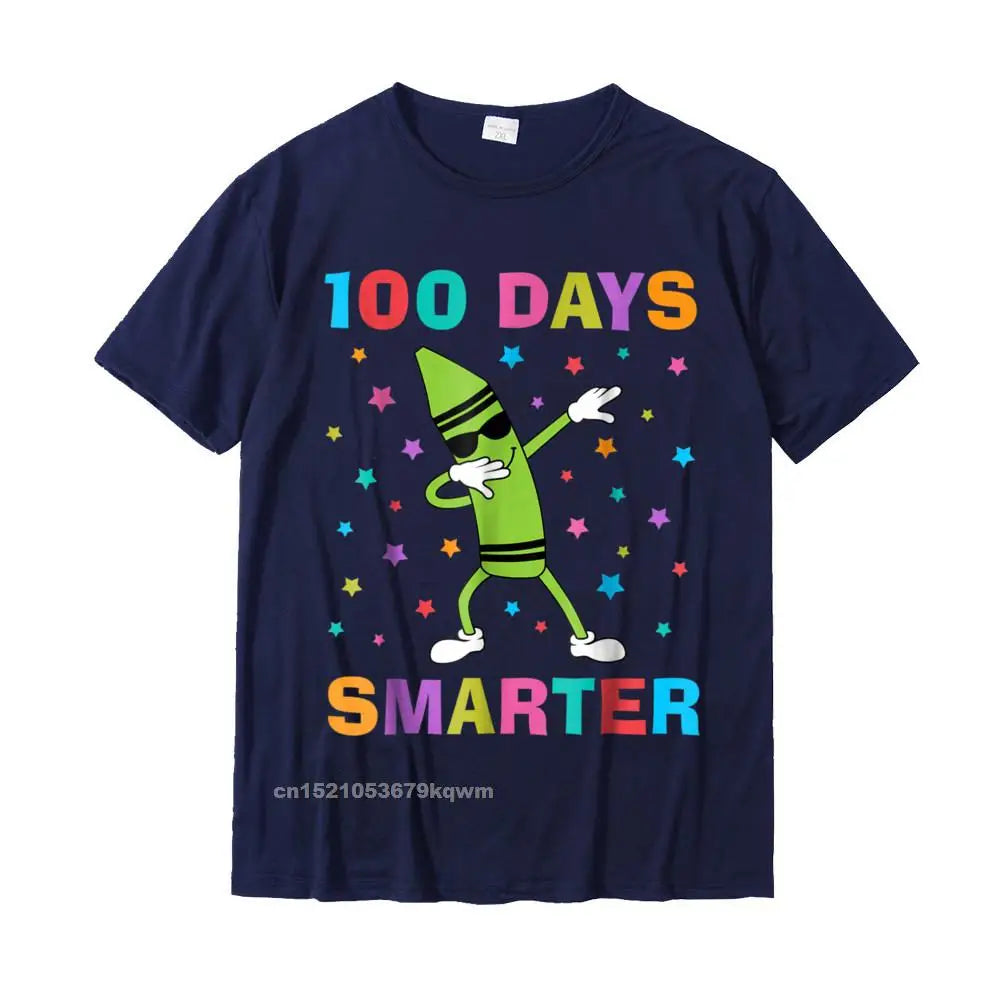 100 Days Smarter 100th Day Of School Dabbing Crayon T-Shirt Slim Fit Custom Top T-Shirts Cotton Man Tops Shirts Casual