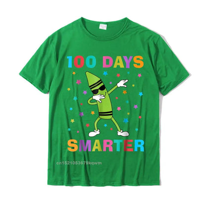 100 Days Smarter 100th Day Of School Dabbing Crayon T-Shirt Slim Fit Custom Top T-Shirts Cotton Man Tops Shirts Casual