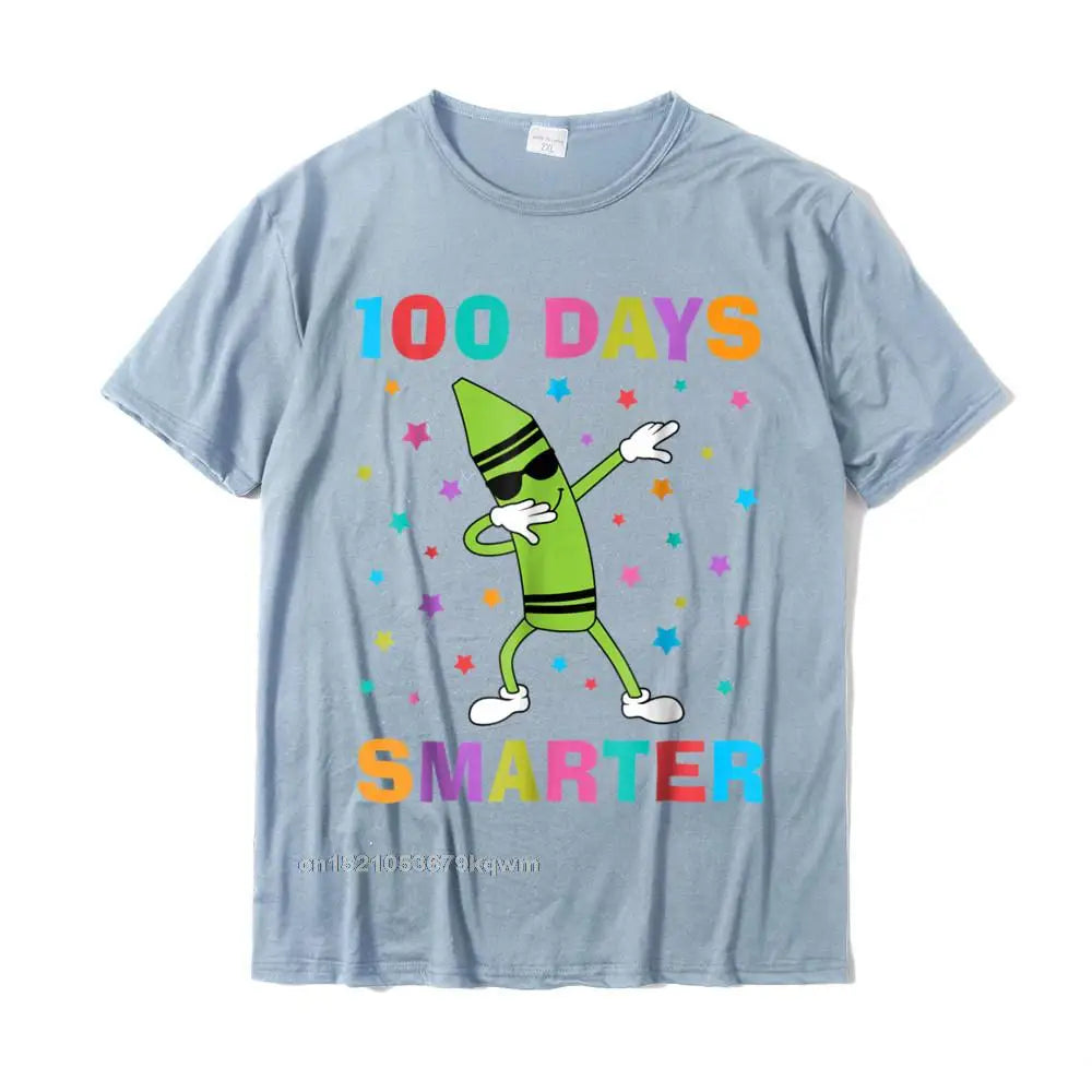 100 Days Smarter 100th Day Of School Dabbing Crayon T-Shirt Slim Fit Custom Top T-Shirts Cotton Man Tops Shirts Casual