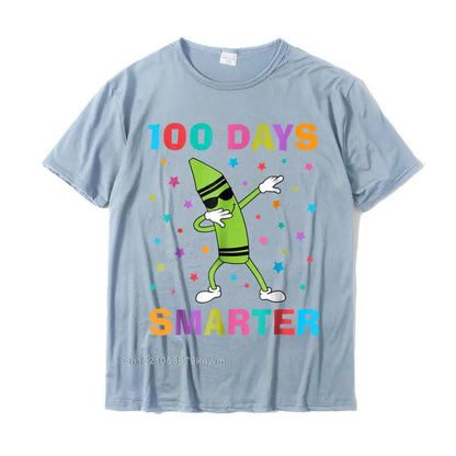 100 Days Smarter 100th Day Of School Dabbing Crayon T-Shirt Slim Fit Custom Top T-Shirts Cotton Man Tops Shirts Casual