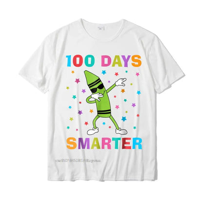 100 Days Smarter 100th Day Of School Dabbing Crayon T-Shirt Slim Fit Custom Top T-Shirts Cotton Man Tops Shirts Casual