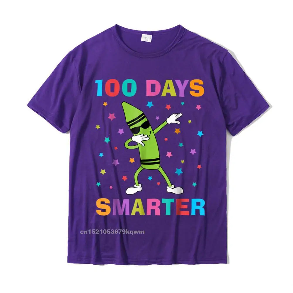 100 Days Smarter 100th Day Of School Dabbing Crayon T-Shirt Slim Fit Custom Top T-Shirts Cotton Man Tops Shirts Casual