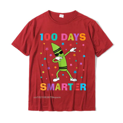 100 Days Smarter 100th Day Of School Dabbing Crayon T-Shirt Slim Fit Custom Top T-Shirts Cotton Man Tops Shirts Casual