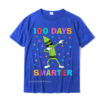 100 Days Smarter 100th Day Of School Dabbing Crayon T-Shirt Slim Fit Custom Top T-Shirts Cotton Man Tops Shirts Casual