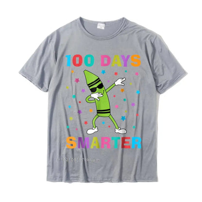 100 Days Smarter 100th Day Of School Dabbing Crayon T-Shirt Slim Fit Custom Top T-Shirts Cotton Man Tops Shirts Casual