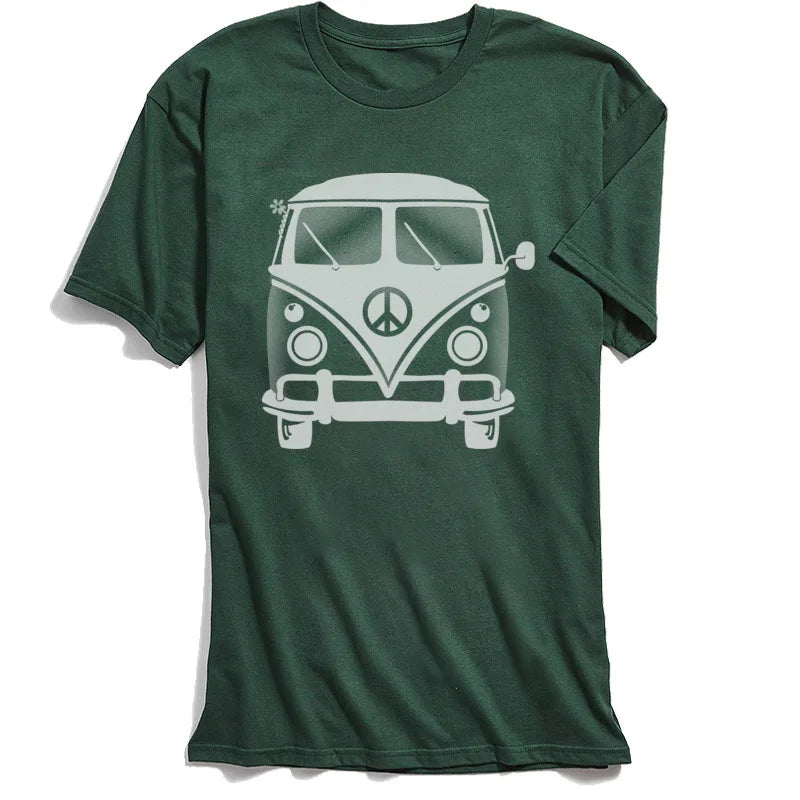 Classic Black T-shirt Men 80s Tshirt Hippie Peace Van Tops Tees for School Day Crew Neck 100% Cotton Short Sleeve T-Shirts