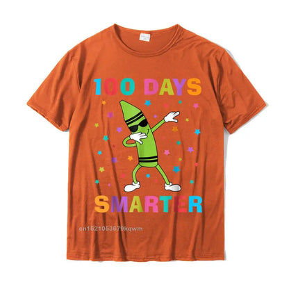 100 Days Smarter 100th Day Of School Dabbing Crayon T-Shirt Slim Fit Custom Top T-Shirts Cotton Man Tops Shirts Casual