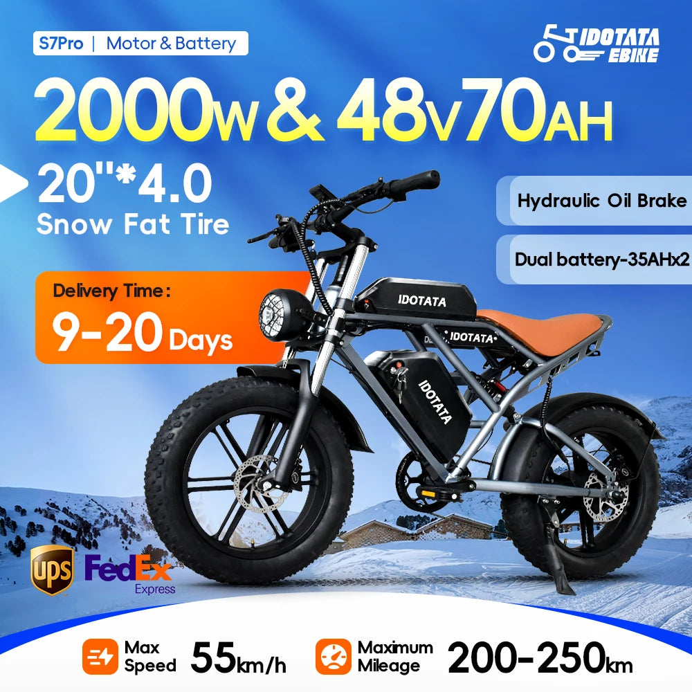 IDOTATA-S7 Electric Bike for Adults, Dual Battery, 48V, 70Ah, 20inch, 4.0 Fat Tires,Snow Mountain E-Bike, 2000W Electric Bicycle