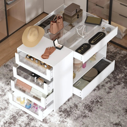 8-Drawer Glass Tabletop Island Wardrobe Closet with Jewelry Organizer Modern White Bedroom Dresser & Display Cabinet PB/Glass