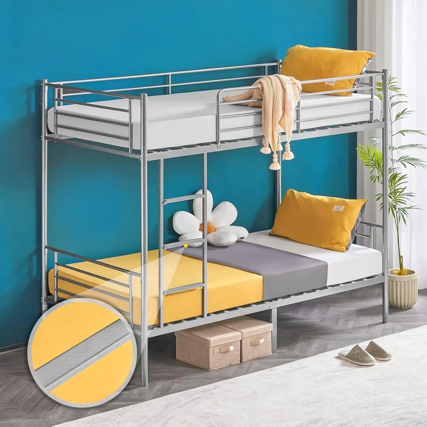 Bunk Bed Twin Over Twin, Twin Bunk Beds for kids/Teens/Adults, Flat Ladder and High Guardrail, Metal Bunk Bed with Stairs, Black