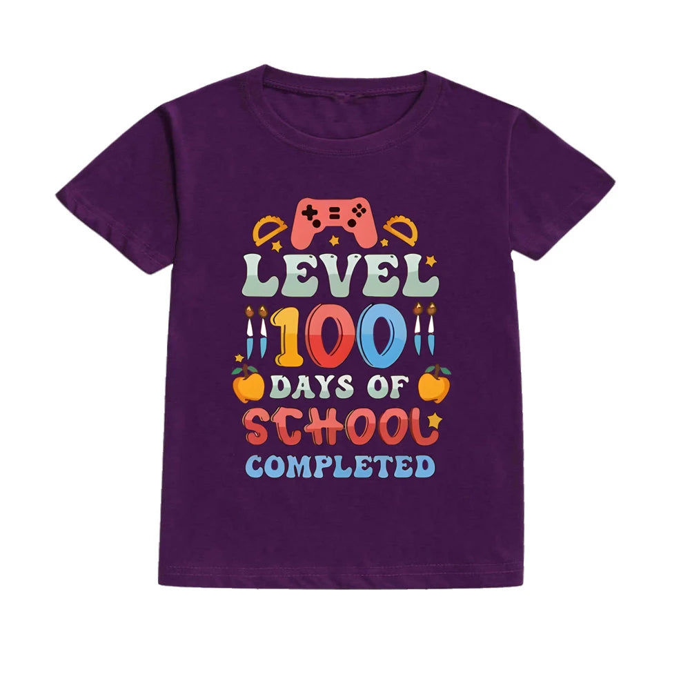 Level 100 Days of School Completed T-Shirt for Kids Short Sleeve Crew Neck Tee Tops Best Gift To Child Summer Clothes