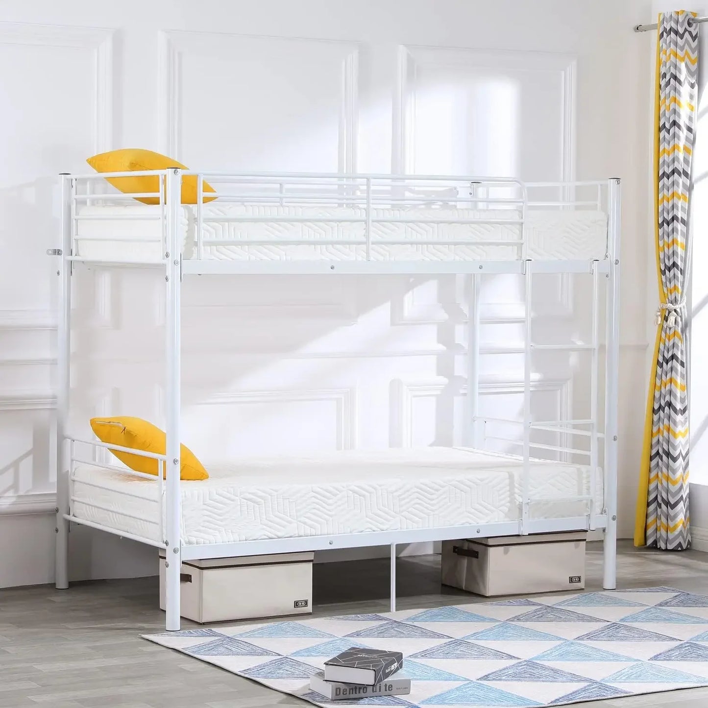 Bunk Bed Twin Over Twin, Twin Bunk Beds for kids/Teens/Adults, Flat Ladder and High Guardrail, Metal Bunk Bed with Stairs, Black