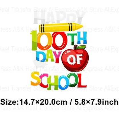 Happy 100 Days of School Heart Transfer Patches Iron On Clothing Kids Boy Rainbow DIY Washable Patches On Clothes Decals Decor