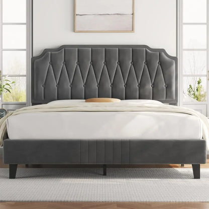 Bed Frame, Velvet Upholstered Platform Bed with Curved Headboard, Height-Adjustable Headboard Noise-Free Wooden Slats Support