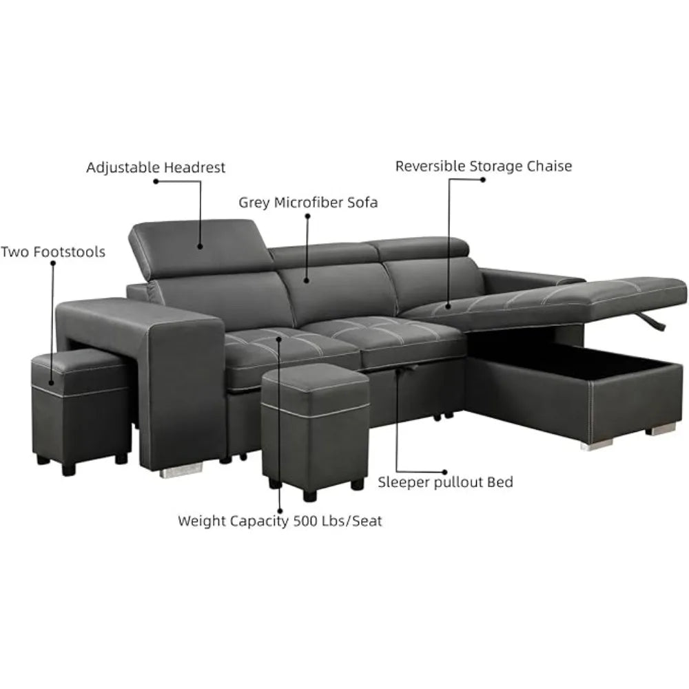 Sofa Couch with Reversible Storage Chaise,L Shaped Sleeper Sectional Sofa Pullout Bed with Adjustable Headrest for Living Room