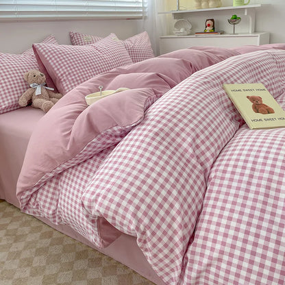 Nordic Plaid Pattern Wash Cotton Bedding Set Duvet Cover Pillowcase Bed Sheet Set Comforter Cover Bed Linens Set Queen King Size