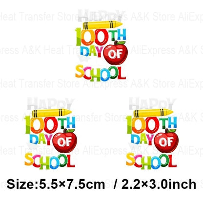 Happy 100 Days of School Heart Transfer Patches Iron On Clothing Kids Boy Rainbow DIY Washable Patches On Clothes Decals Decor