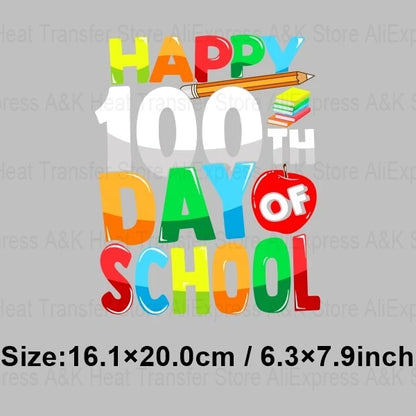 Happy 100 Days of School Heart Transfer Patches Iron On Clothing Kids Boy Rainbow DIY Washable Patches On Clothes Decals Decor