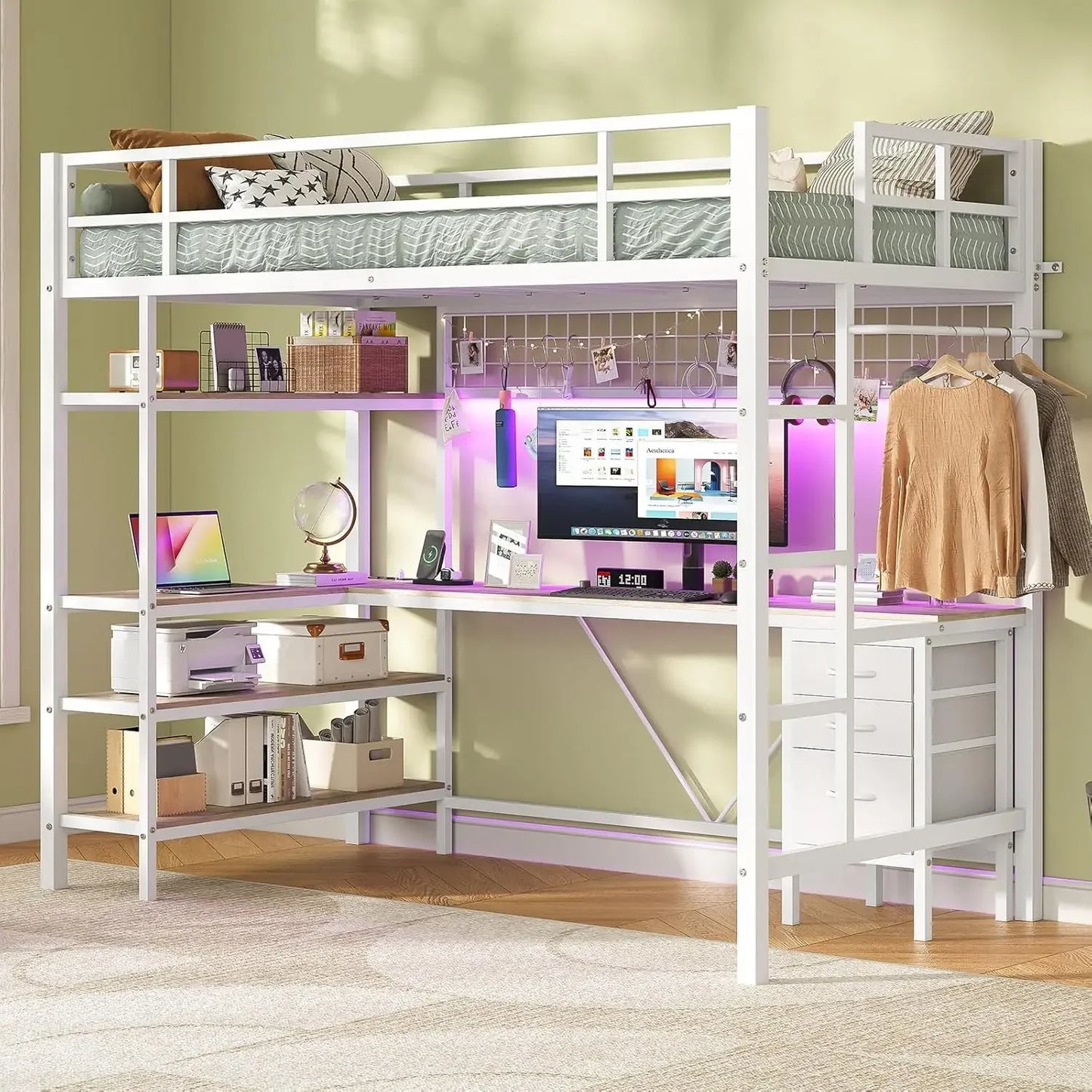 Bunk Beds Loft Bed Twin Size, L-Shaped Desk Charging Station and LED Lights, 4-Tier Bookshelf and 3 Drawers,  Muebles Beds