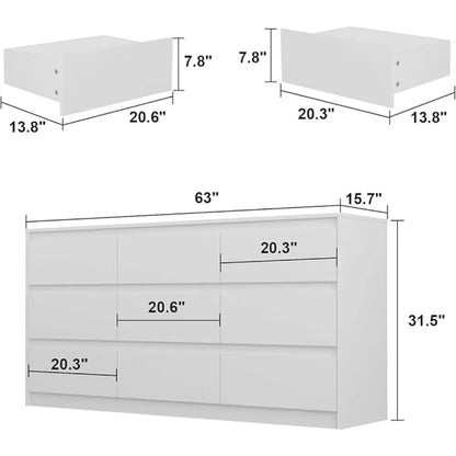 Dresser with Deep Drawers, Large Floor Wood Dresser and Chest of Drawers Without Handles, Modern Long Dresser, Dresser