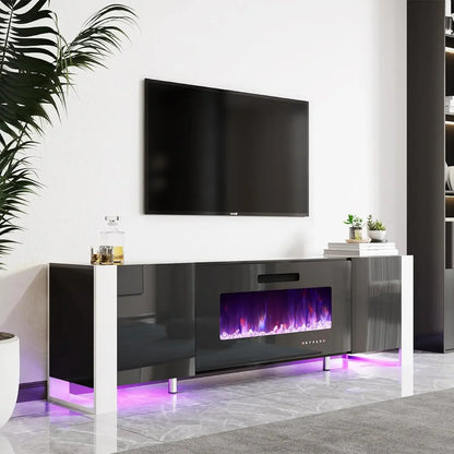 Fireplace TV Stand with 36" Fireplace, 70" Modern High Gloss Entertainment Center LED Lights,Cabinet for TVs Up to 80", Black