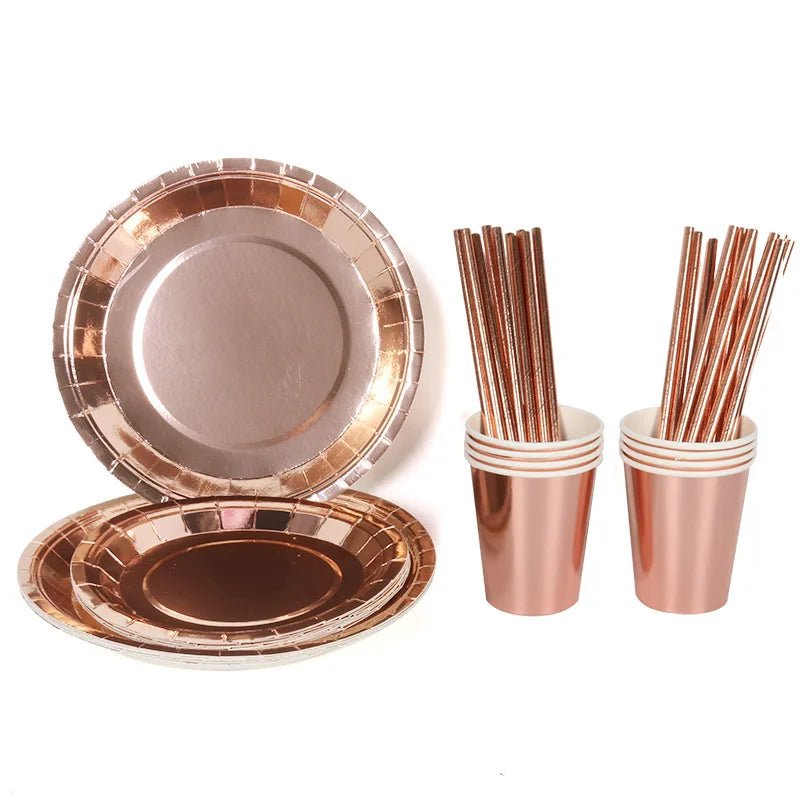 Rose Gold Party Disposable Tableware Set Paper Plate Cup for Wedding Birthday Party Decoration Baby Shower Bachelorette Party