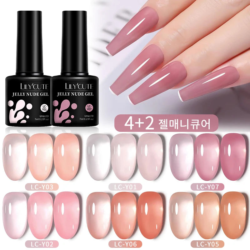 LILYCUTE 6PCS/SET 7ml Jelly Pink Nude Translucent Gel Nail Polish Set Semi Permanent Soak Off Nail Art Manicure Gel Set