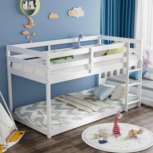 Twin Over Twin Bunk Bed, Low Floor Twin Bunk Beds Frame with Ladder & Full-Length Guardrail for Childs, 400LBS Capacity