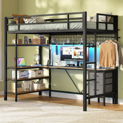 Bunk Beds Loft Bed Twin Size, L-Shaped Desk Charging Station and LED Lights, 4-Tier Bookshelf and 3 Drawers,  Muebles Beds