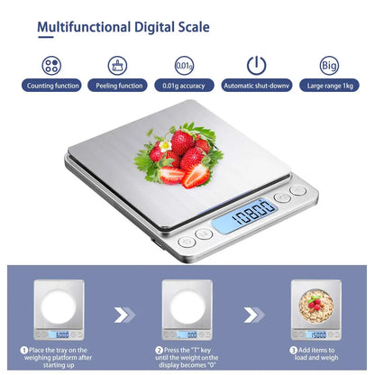 Digital Kitchen Scale 3000g/ 0.1g USB Charging with 2 Trays Home Mini Jewelry Pocket Scale with LCD Display Digital Food Scales