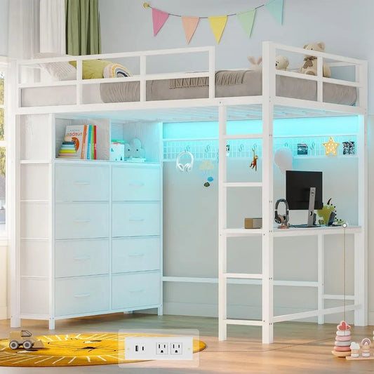 Twin Size Loft Bed with Desk and 8 Storage Drawers, Metal Loft Bed Twin with LED Lights & Charging Sation, Storage Shelves