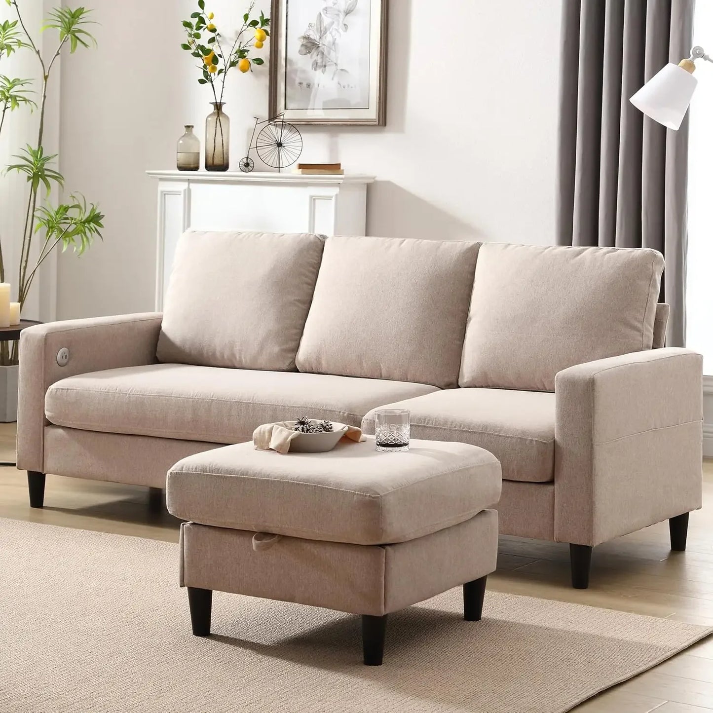 Convertible Sectional Linen Sofa for Living Room Apartment, L-Shaped Couch 3 Seats Sofas w/Storage Chaise & Charging Port, Beige