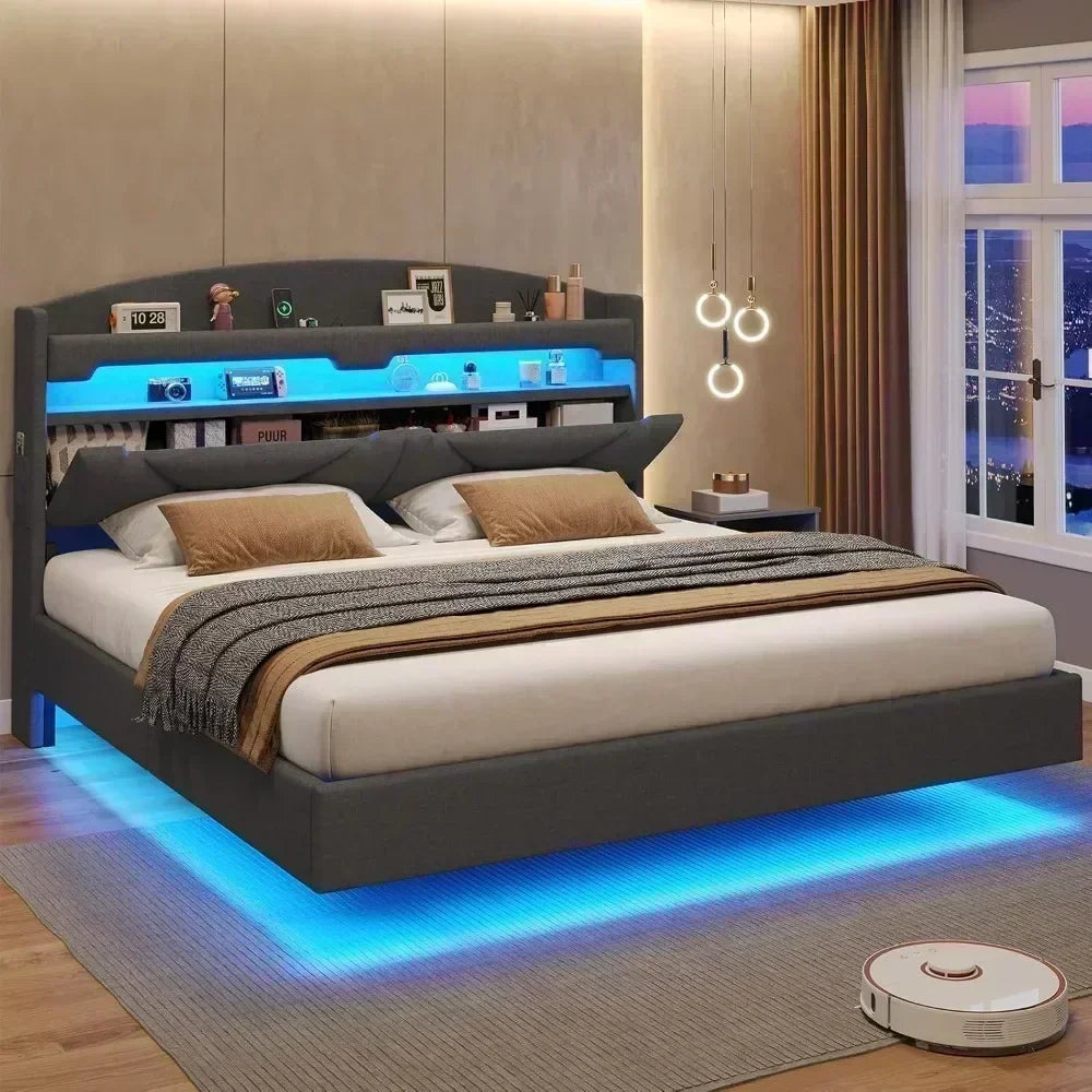 Bed Frame with Type-C Charging Station& Hidden Storage Headboard RGB Floating Platform Bed Bed Frame