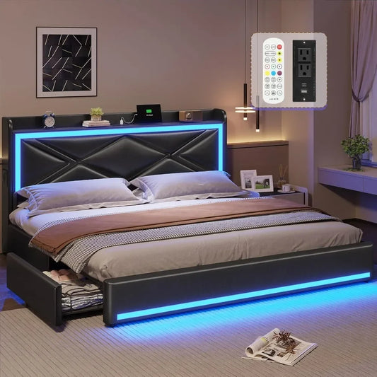 Bed Frame with Storage Drawers & LED Lights Headboard, Faux Leather Platform Bed with USB-C Charging Station