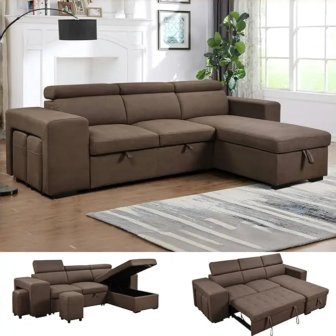 Sofa Couch with Reversible Storage Chaise,L Shaped Sleeper Sectional Sofa Pullout Bed with Adjustable Headrest for Living Room