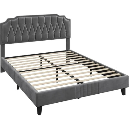 Bed Frame, Velvet Upholstered Platform Bed with Curved Headboard, Height-Adjustable Headboard Noise-Free Wooden Slats Support