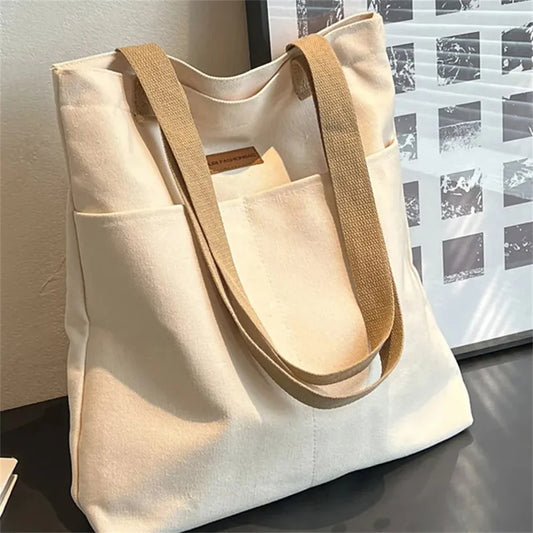 1Pcs Women's Tote Bag Canvas Sewing Thread Large Capacity Advanced Sense Handbag Convenient Practical Female's Commuter Bag