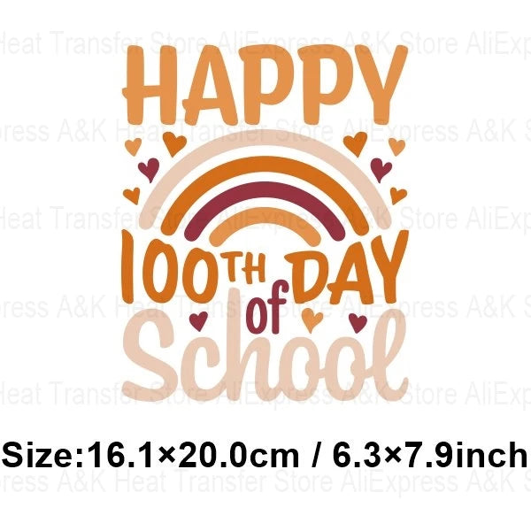 Happy 100 Days of School Heart Transfer Patches Iron On Clothing Kids Boy Rainbow DIY Washable Patches On Clothes Decals Decor