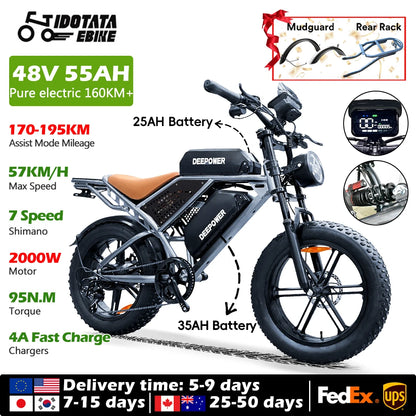 IDOTATA-S7 Electric Bike for Adults, Dual Battery, 48V, 70Ah, 20inch, 4.0 Fat Tires,Snow Mountain E-Bike, 2000W Electric Bicycle