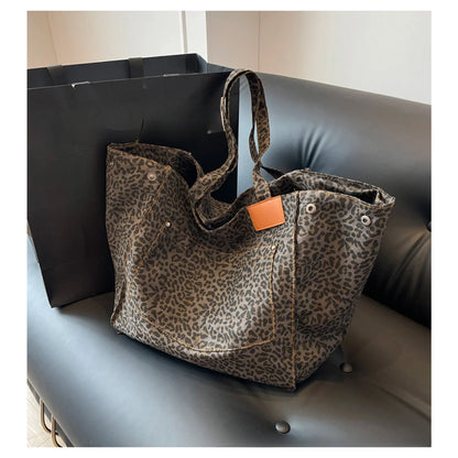 Fashion Large Capacity Handbag Leopard Pattern Tote School Work Shopping Bag Retro Canvas Shoulder Bag