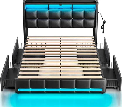 Twin Size Frame with LED Lights and Charging Station, Upholstered Bed Storage Headboard &Amp; Drawers, Twin Bed