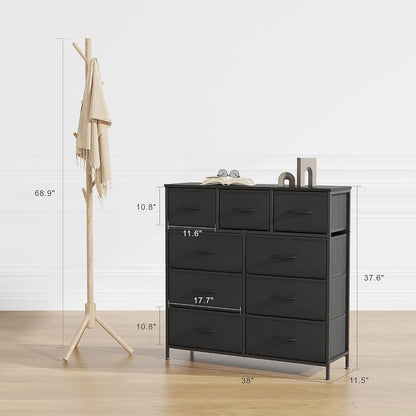 Dresser for Bedroom, 9 Drawer Storage Organizer Tall Wide Dresser for Bedroom Hallway, Sturdy Steel Frame Wood Top, Dark Black