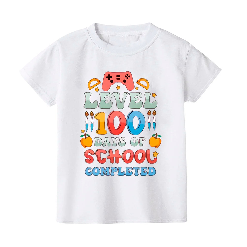 Level 100 Days of School Completed T-Shirt for Kids Short Sleeve Crew Neck Tee Tops Best Gift To Child Summer Clothes