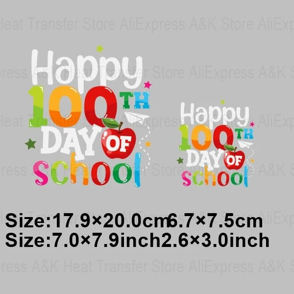 Happy 100 Days of School Heart Transfer Patches Iron On Clothing Kids Boy Rainbow DIY Washable Patches On Clothes Decals Decor