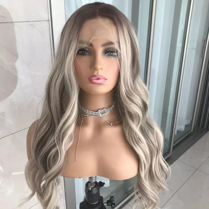 Body Wave Lace Front Wig Highlight Ash Blonde Lace Frontal Synthetic Wigs Pre Plucked Long Wavy Synthetic Lace Wig for Women