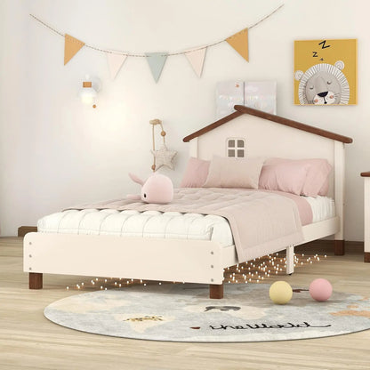 Bed Frame, Twin Size Wood Platform Bed Frame, with House-Shaped Headboard for Boys Girls Kids Toddle, Children Beds