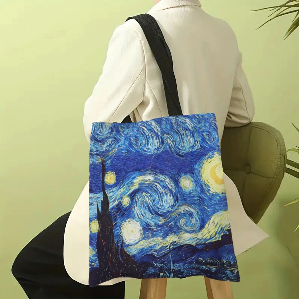 Canvas Bag Van Gogh Series Canvas Bag Oil Painting Starry Night Sunflower Apricot Flower Coffee Holder Handbag 30X35cm