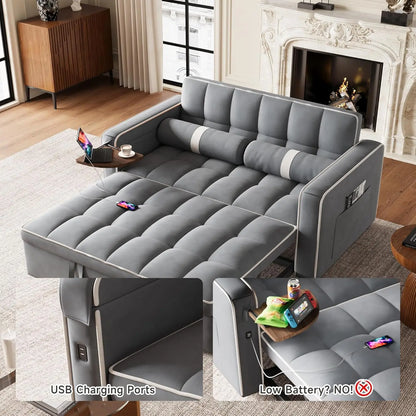 3 in 1 Sleeper Sofa Bed - Convertible Love Seat Couch with Side Table, Tufted Futon Sofa w/Pullout Bed, Adjustable Backrest